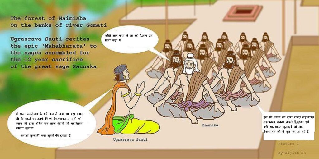 Ugrasrava Sauti narrating the Mahabharata to Saunaka Kulapati and other sages